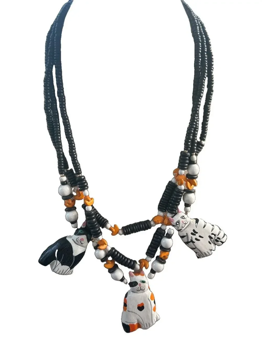 Folk Art Cat Wood Necklace Hand Painted Artisan Beaded Statement Derpy Black